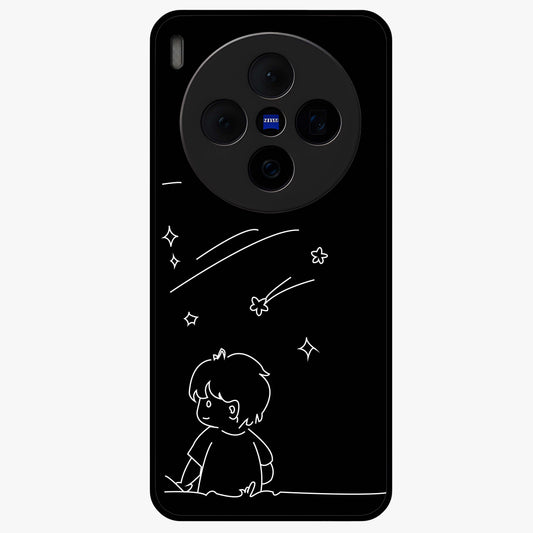 Line Art Boy With Shooting Stars Glass Case showing flat back view with minimal line art boy and shooting stars illustration and glossy glass finish.