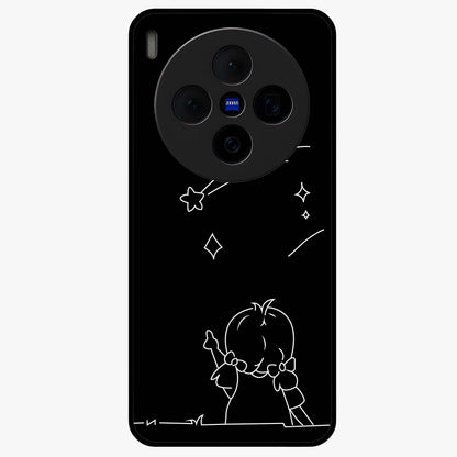 Line Art Girl With Shooting Stars Glass Case showing flat back view with minimal line art girl and shooting stars illustration and glossy glass finish.