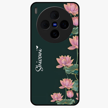 Lotus Bloom Serenity Custom Name Glass Case showing flat back view with elegant lotus flower artwork and personalized name design.