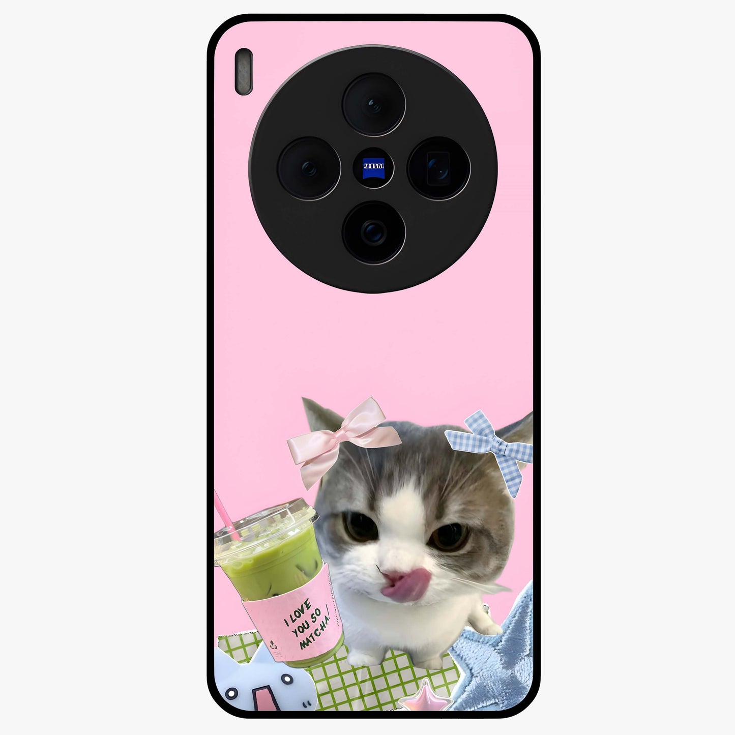 Love Matcha Cat Glass Case showing flat back view with cute cat and matcha themed artwork and glossy glass finish.