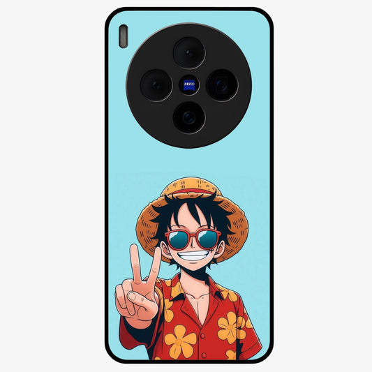 Luffy Summer Anime Vibe Glass Case showing flat back view with vibrant anime character artwork and glossy glass finish.