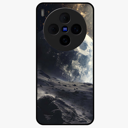 Lunar Horizon Glow Glass Case showing flat back view with glowing moon horizon artwork and glossy glass finish.