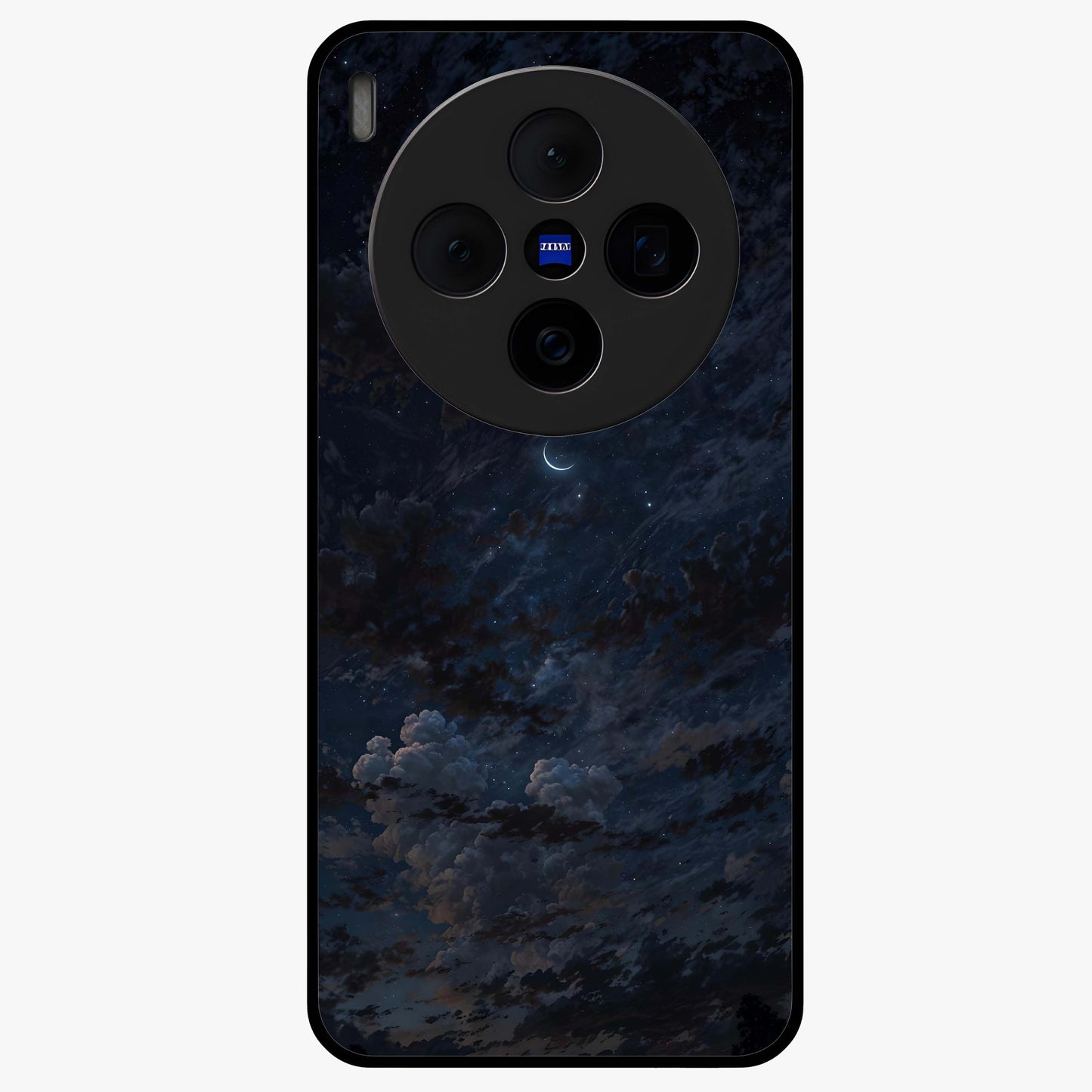 Lunar Veil Silence Glass Case showing flat back view with mystical moon veil artwork and glossy glass finish.