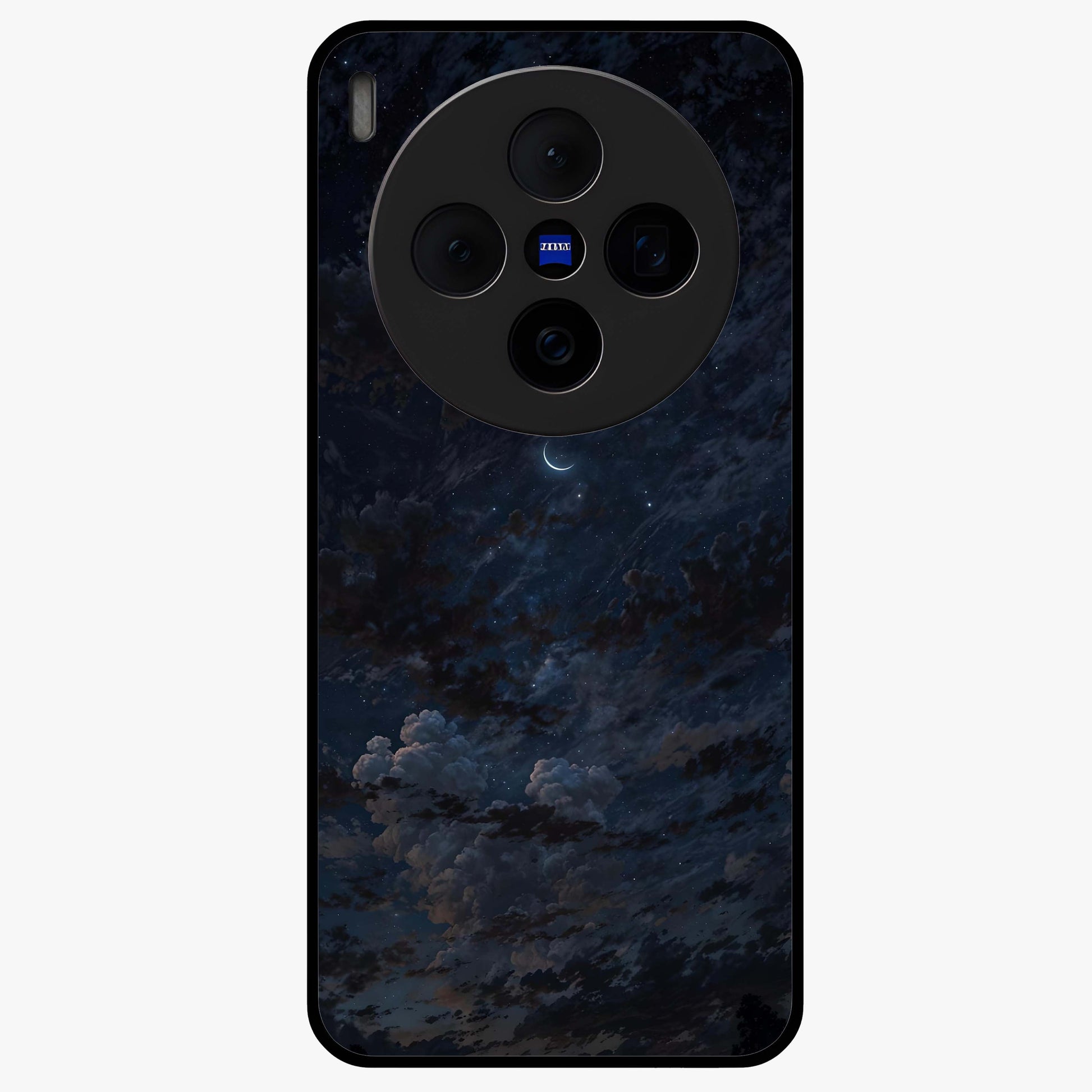 Lunar Veil Silence Glass Case showing flat back view with mystical moon veil artwork and glossy glass finish.