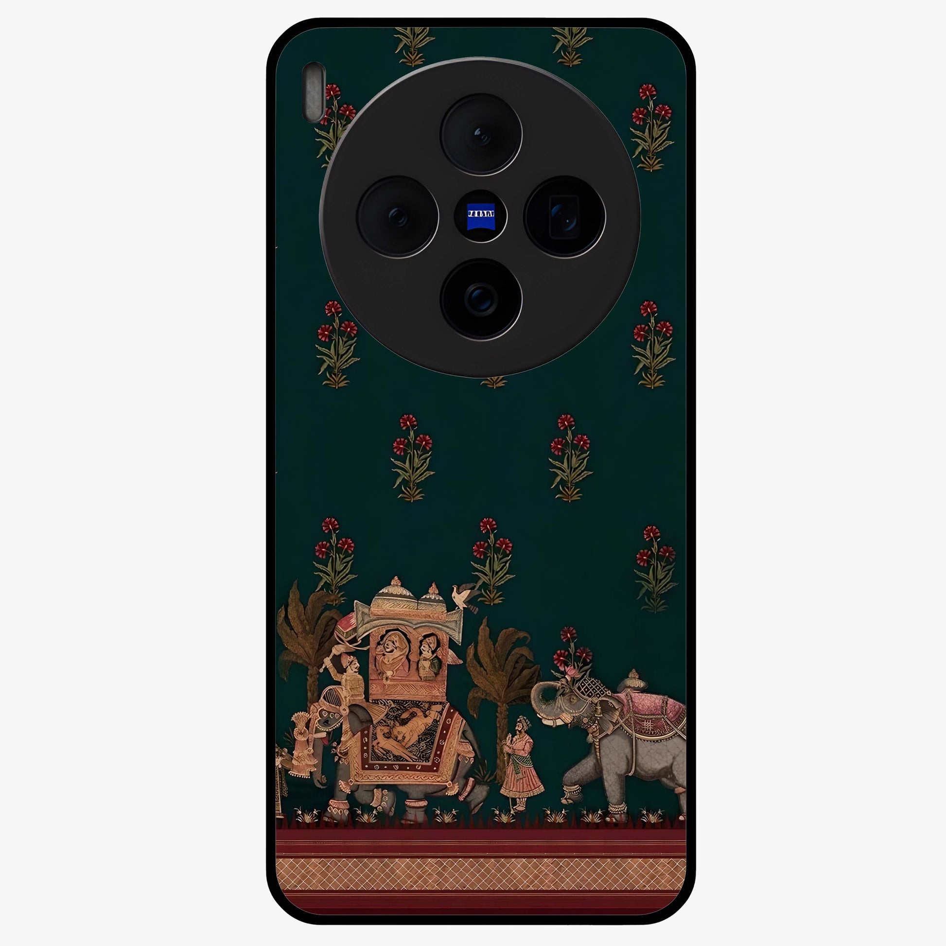 Macmerise Glass Case showing flat back view with stylish modern artwork and glossy glass finish.