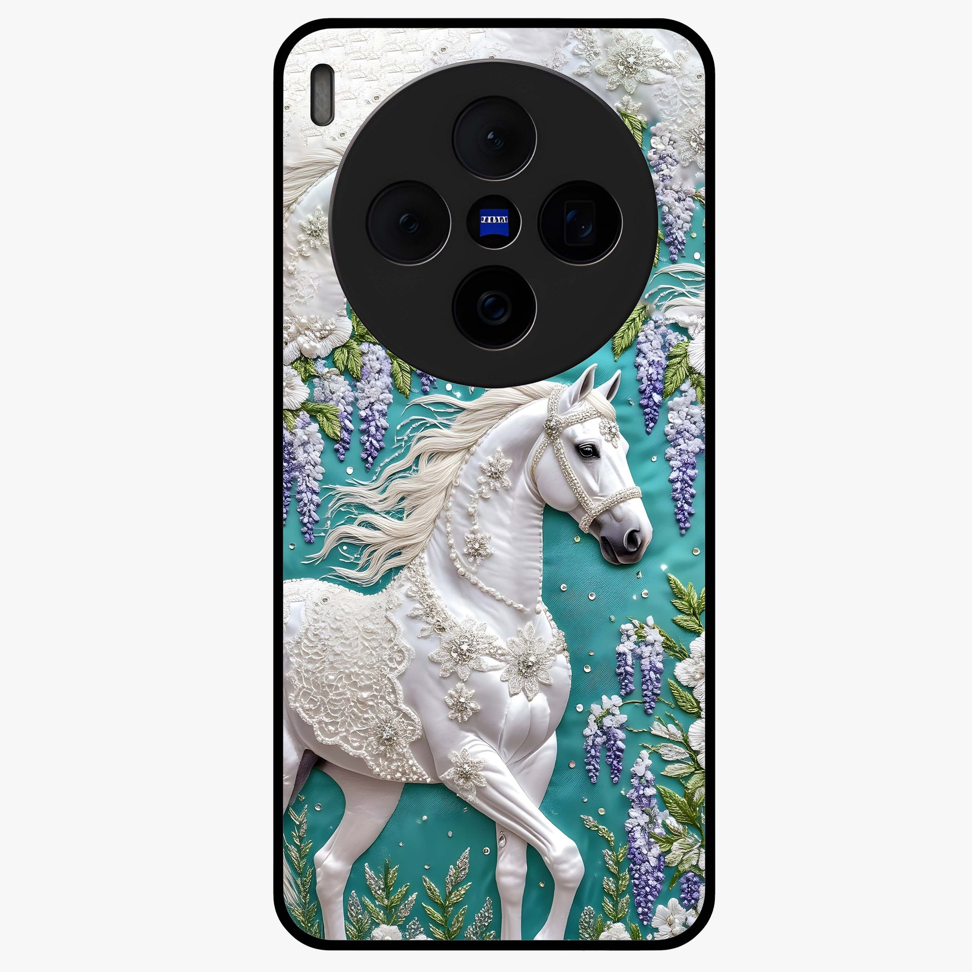 Majestic Floral Stallion Glass Case showing flat back view with powerful horse and floral artwork and glossy glass finish.