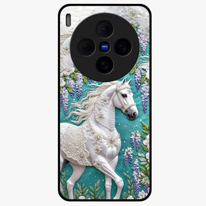 Majestic Floral Stallion Glass Case showing flat back view with powerful horse and floral artwork and glossy glass finish.