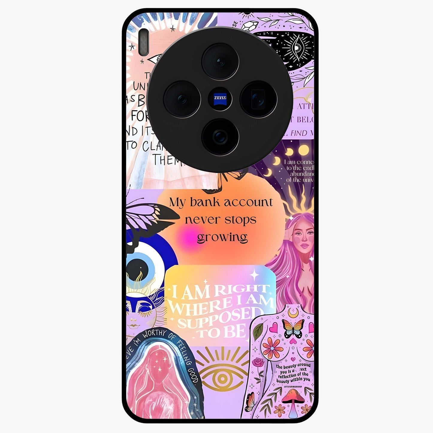 Manifestation Collage Glass Case showing flat back view with motivational collage artwork and glossy glass finish.