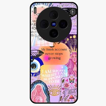 Manifestation Collage Glass Case showing flat back view with motivational collage artwork and glossy glass finish.