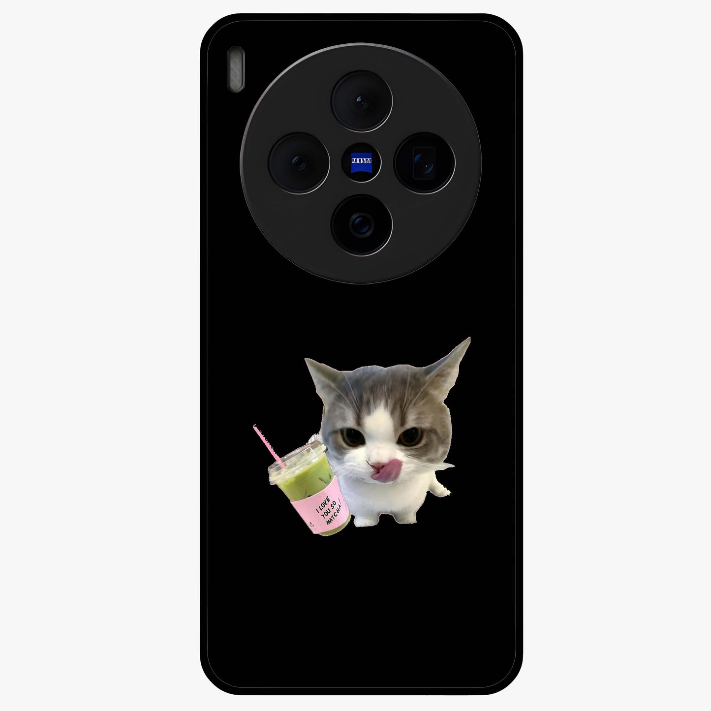 Matcha Cat Style Glass Case showing flat back view with cute matcha themed cat artwork and glossy glass finish.