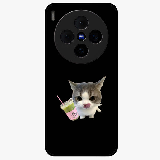 Matcha Cat Style Glass Case showing flat back view with cute matcha themed cat artwork and glossy glass finish.