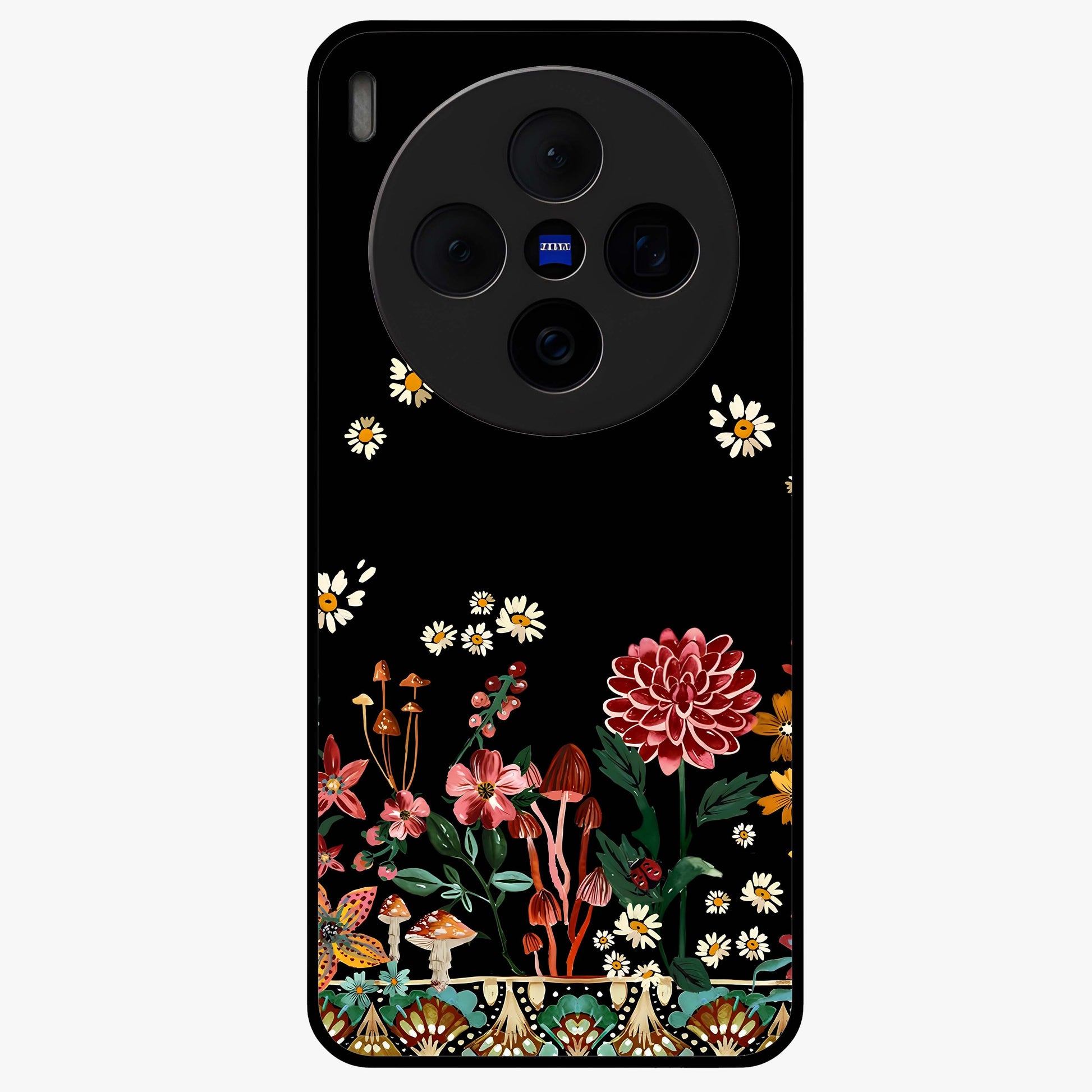Midnight Bloom Pattern Glass Case showing flat back view with dark floral pattern artwork and glossy glass finish.