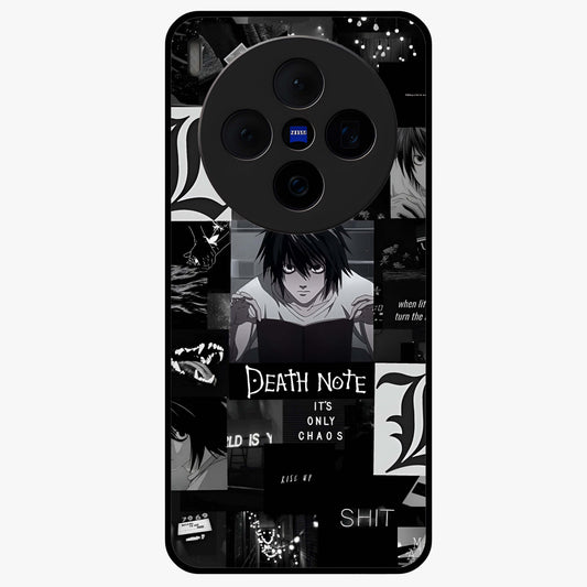 Midnight Chaos Mind Glass Case showing flat back view with abstract dark themed artwork and glossy glass finish.