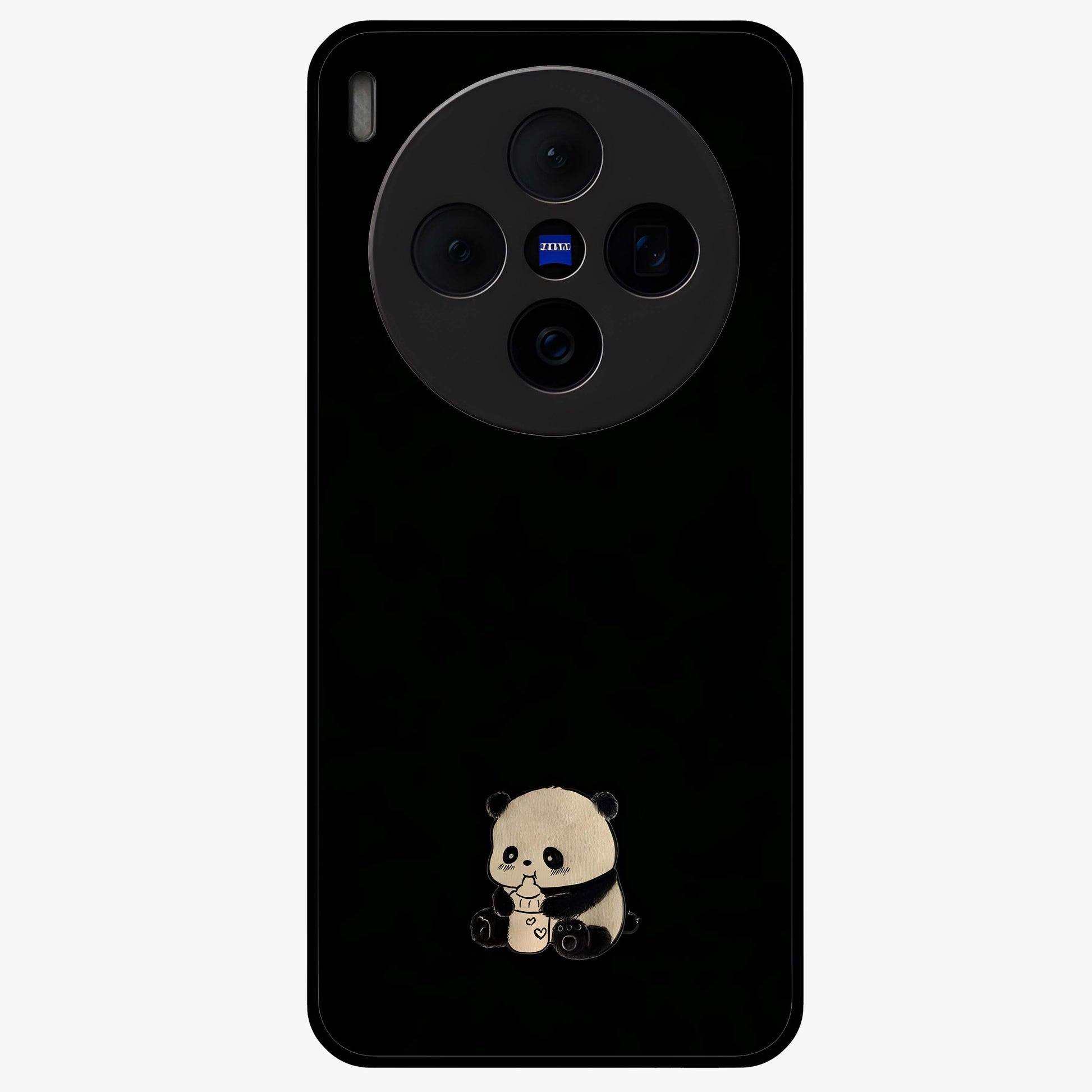 Midnight Panda Love Glass Case showing flat back view with cute panda themed artwork and glossy glass finish.