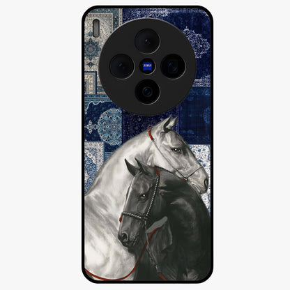 Midnight Stallion Blues Glass Case showing flat back view with majestic horse artwork and glossy glass finish.