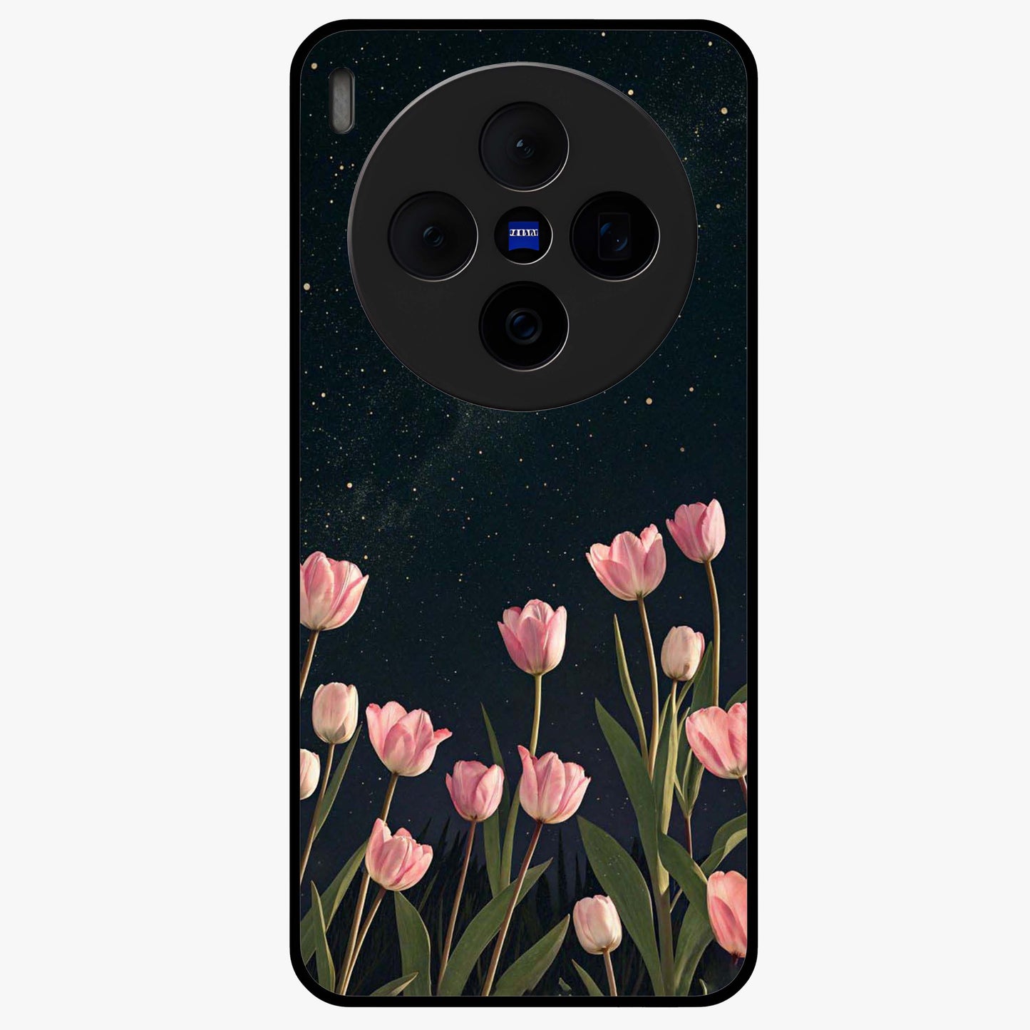 Midnight Tulip Whispers Vibe Glass Case showing flat back view with elegant tulip flower artwork and glossy glass finish.