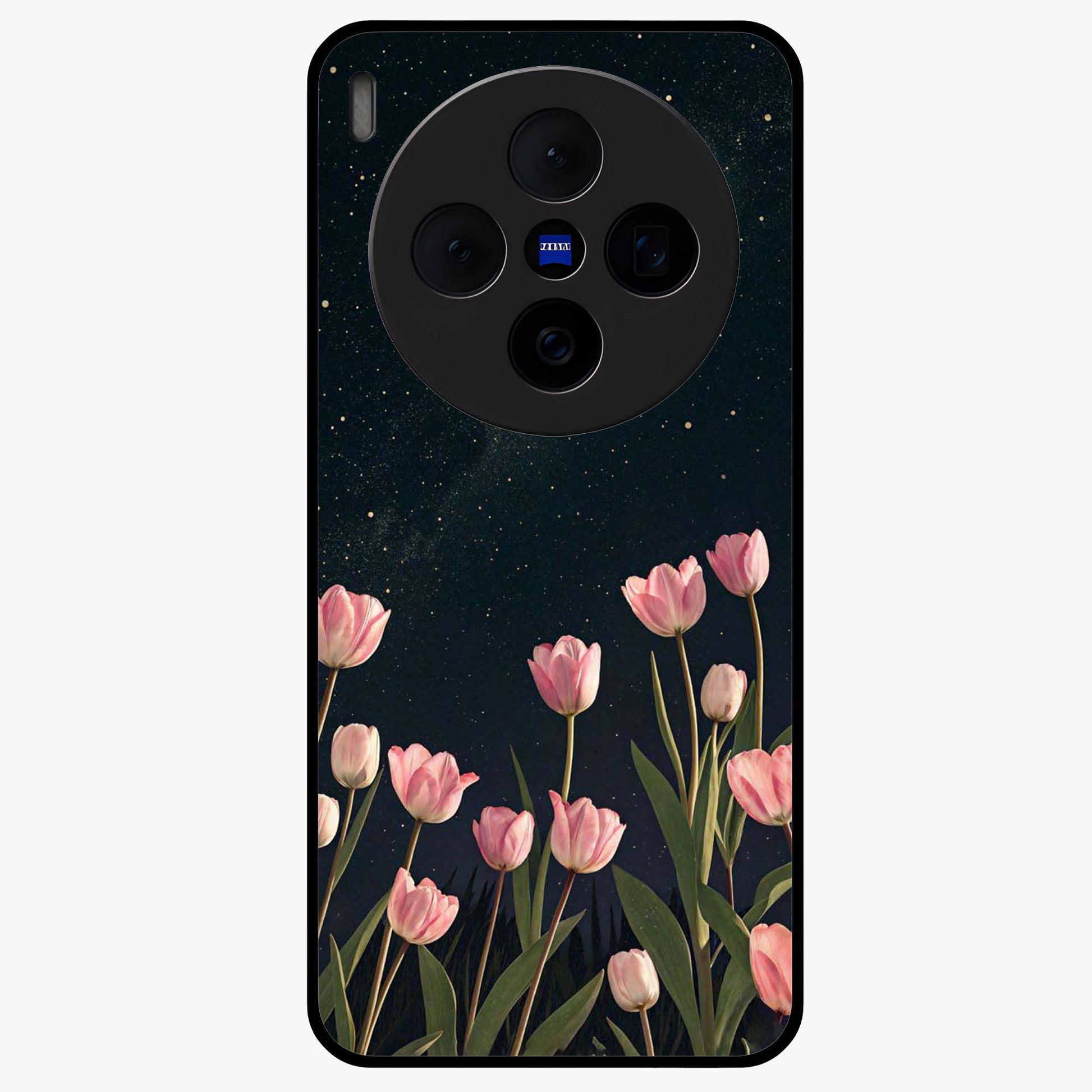 Midnight Tulip Whispers Vibe Glass Case showing flat back view with elegant tulip flower artwork and glossy glass finish.