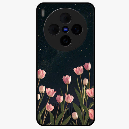 Midnight Tulip Whispers Vibe Glass Case showing flat back view with elegant tulip flower artwork and glossy glass finish.