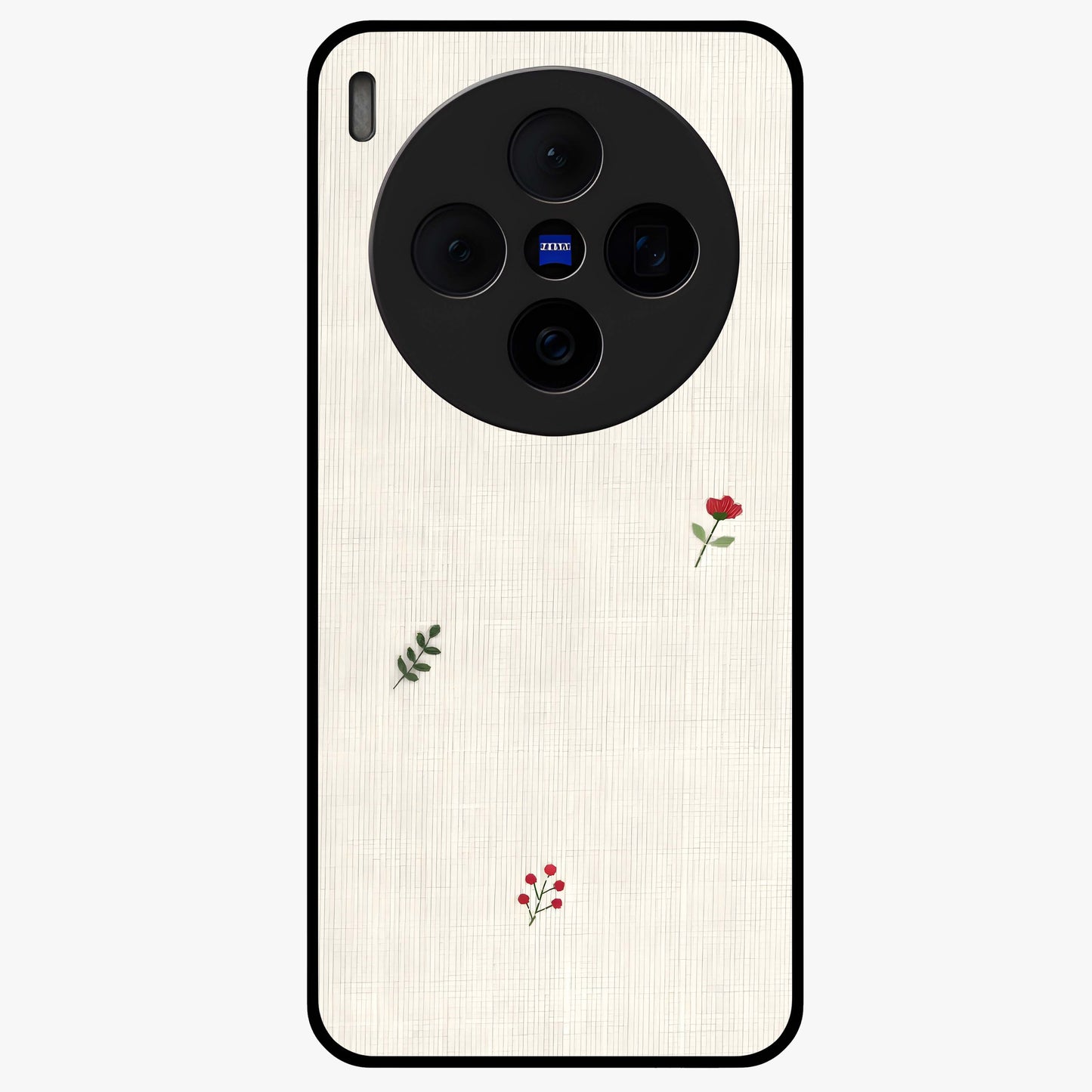 Minimal Petal Whispers Glass Case showing flat back view with soft minimal floral artwork and glossy glass finish.