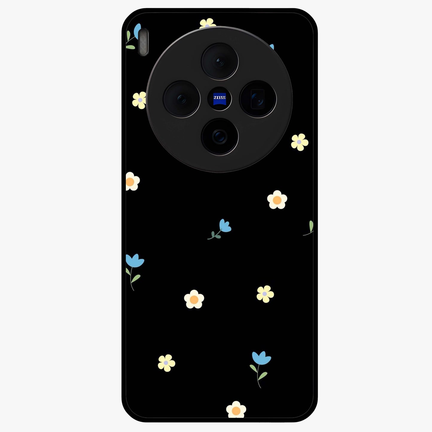 Minimalistic Blue With White Flower Pattern Glass Case showing flat back view with blue background and white flower pattern and glossy glass finish.