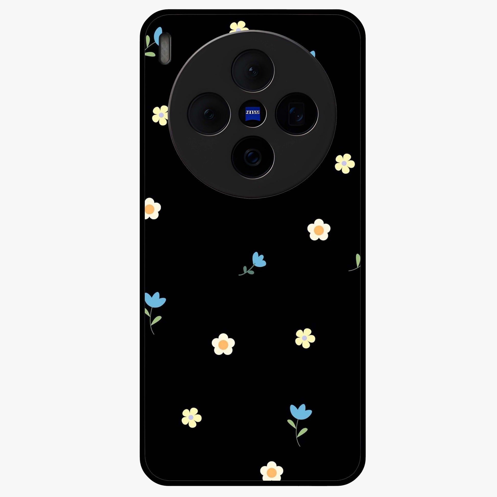 Minimalistic Blue With White Flower Pattern Glass Case showing flat back view with blue background and white flower pattern and glossy glass finish.