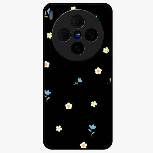 Minimalistic Blue With White Flower Pattern Glass Case showing flat back view with blue background and white flower pattern and glossy glass finish.