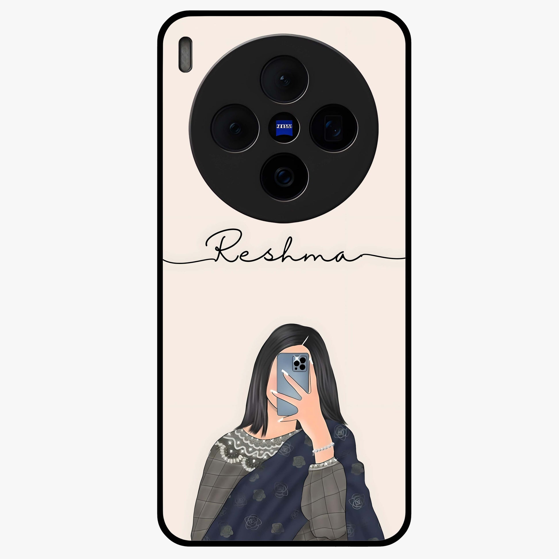 Mirror Mood Muse With Custom Name Glass Case showing flat back view with stylish mirrored artwork and personalized name design.