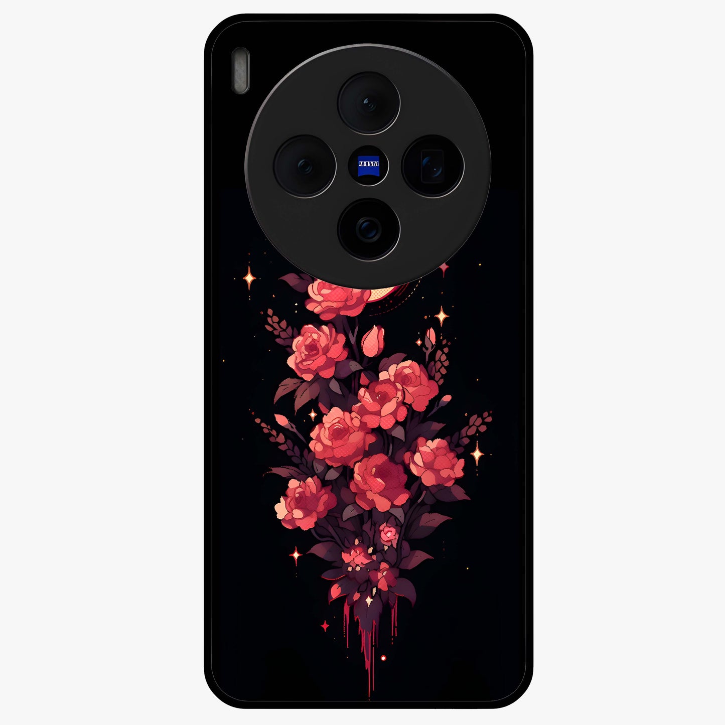Moonlit Floral Elegance Glass Case showing flat back view with elegant floral artwork under moonlit tones and glossy glass finish.