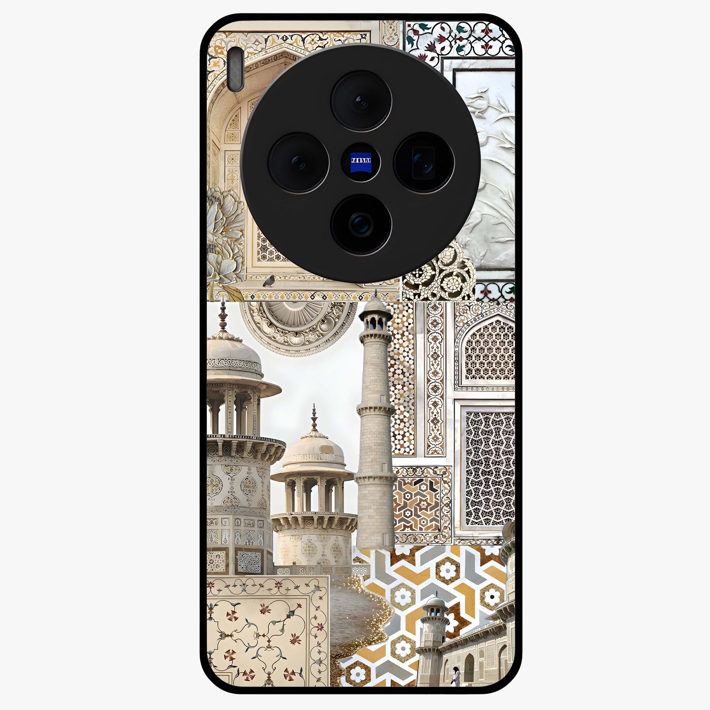 Mughal Marble Legacy Glass Case showing flat back view with intricate Mughal inspired marble pattern and glossy glass finish.