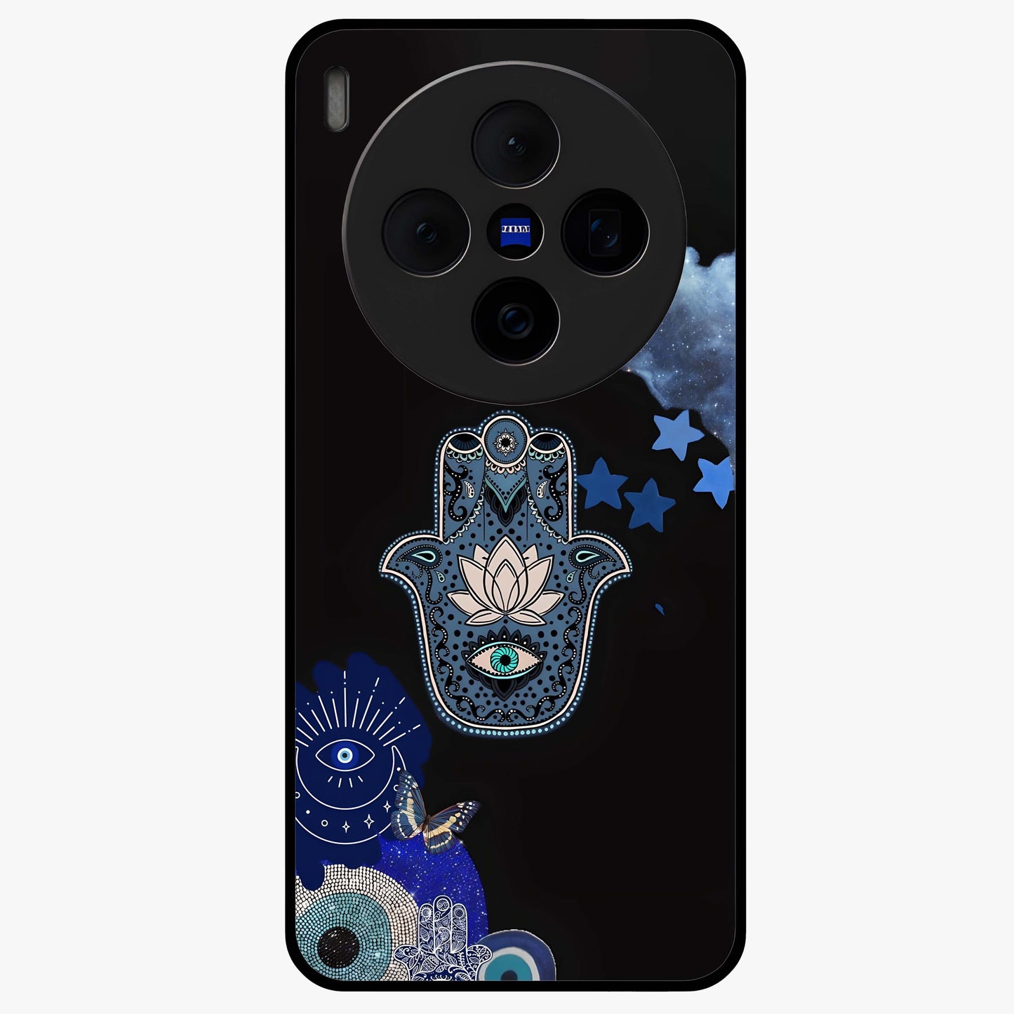 Mystic Hand Aura Glass Case showing flat back view with mystical hand symbol artwork and glossy glass finish.
