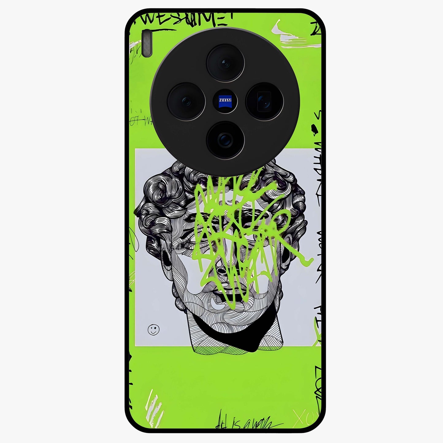 Neo Graffiti Rebellion Glass Case showing flat back view with vibrant graffiti artwork and glossy glass finish.