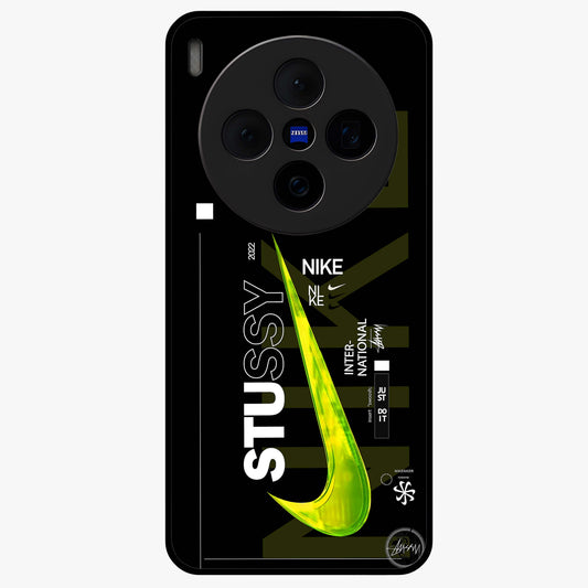 Neon Street Edition Glass Case showing flat back view with neon street style artwork and glossy glass finish.