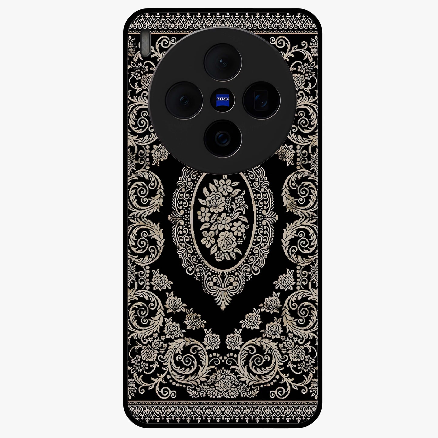Noir Bloom Elegance Glass Case showing flat back view with elegant dark floral artwork and glossy glass finish.