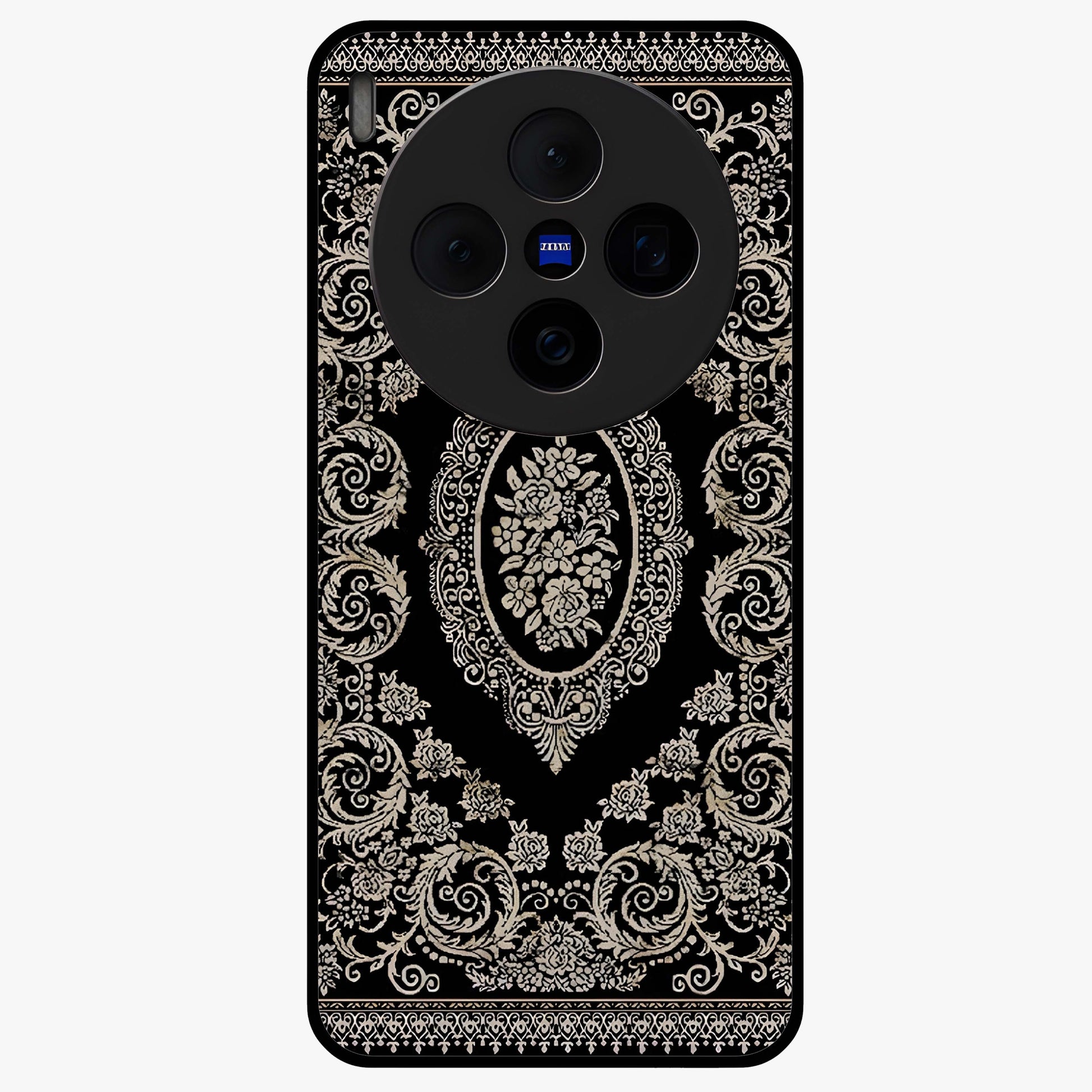 Noir Bloom Elegance Glass Case showing flat back view with elegant dark floral artwork and glossy glass finish.