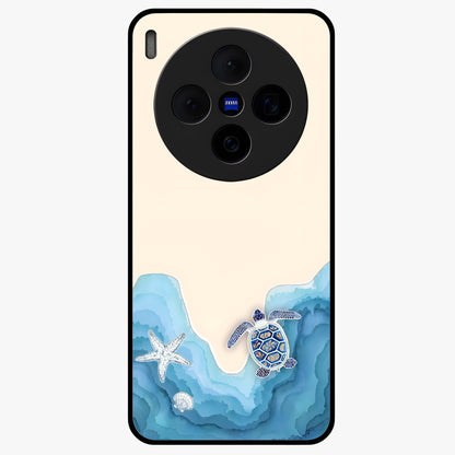 Ocean Drift Turtle Glass Case showing flat back view with sea turtle artwork and glossy glass finish.