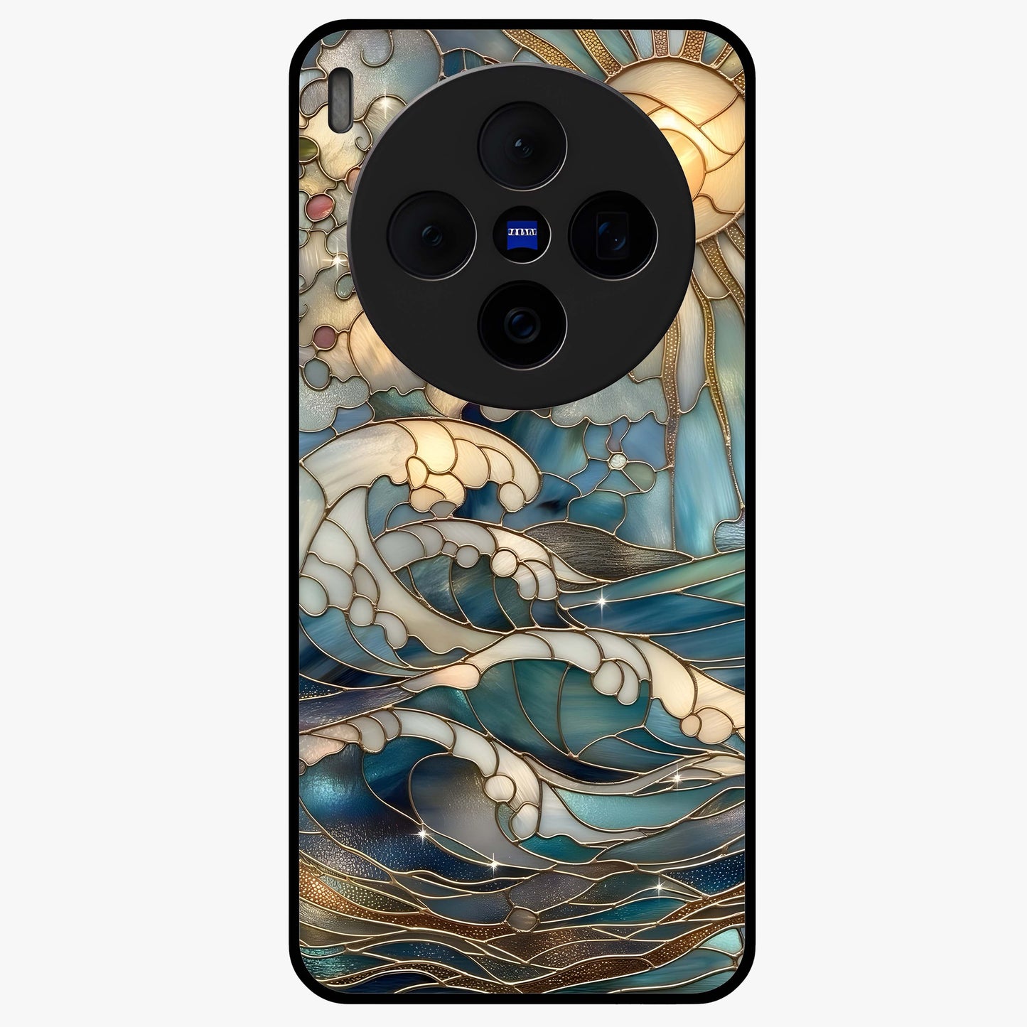 Oceanic Stained Printed Glass Case showing flat back view with ocean inspired stained pattern artwork and glossy glass finish.