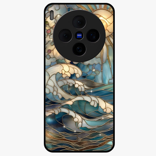 Oceanic Stained Printed Glass Case showing flat back view with ocean inspired stained pattern artwork and glossy glass finish.