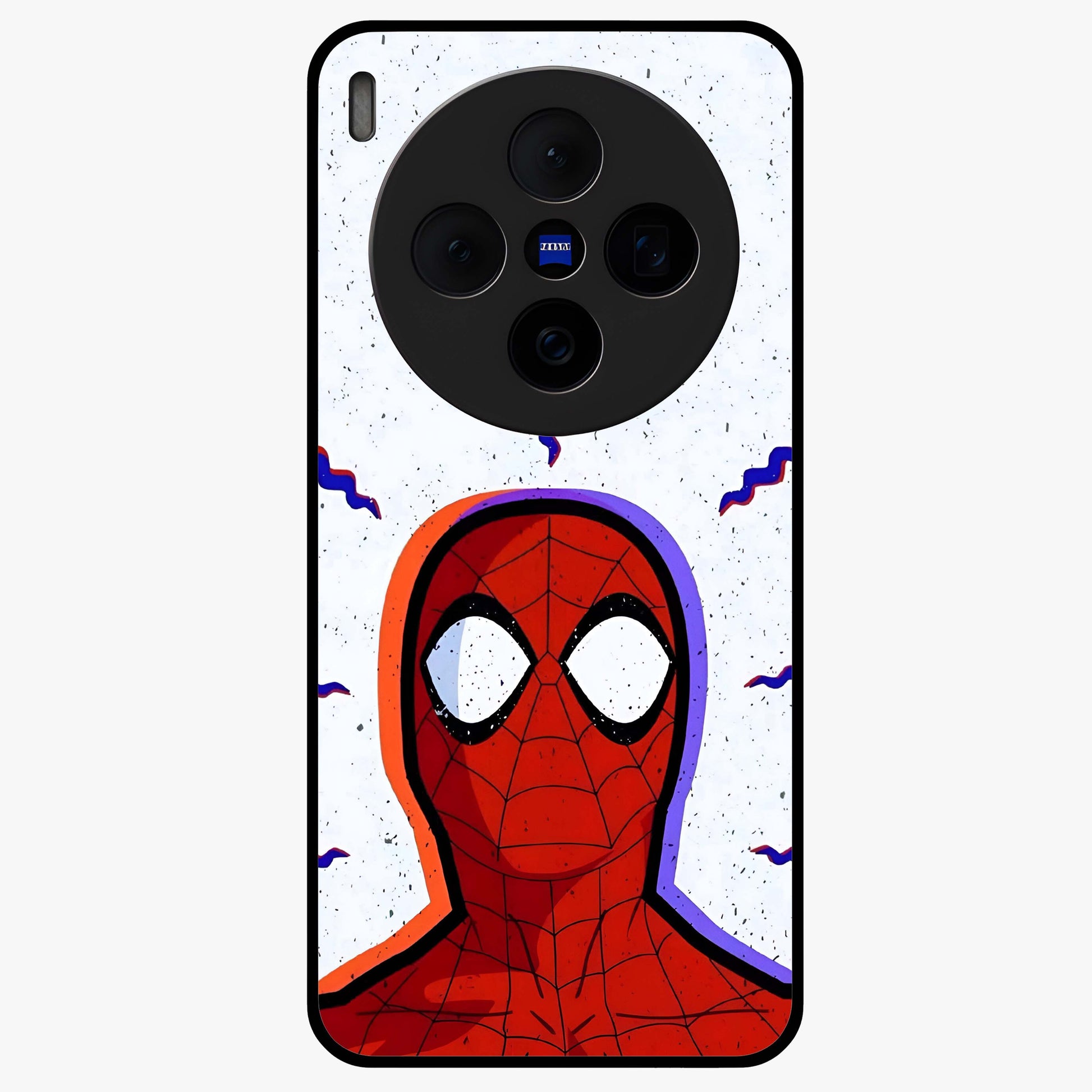 Omg Spiderman Glass Case showing flat back view with bold superhero inspired artwork and glossy glass finish.