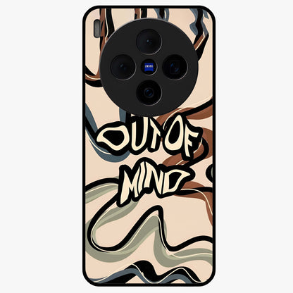 Out Of Mind Glass Case showing flat back view with expressive typography artwork and glossy glass finish.