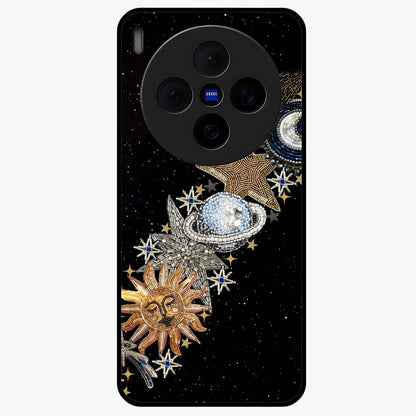 Pearls Universe Object Glass Case showing flat back view with pearl inspired cosmic artwork and glossy glass finish.
