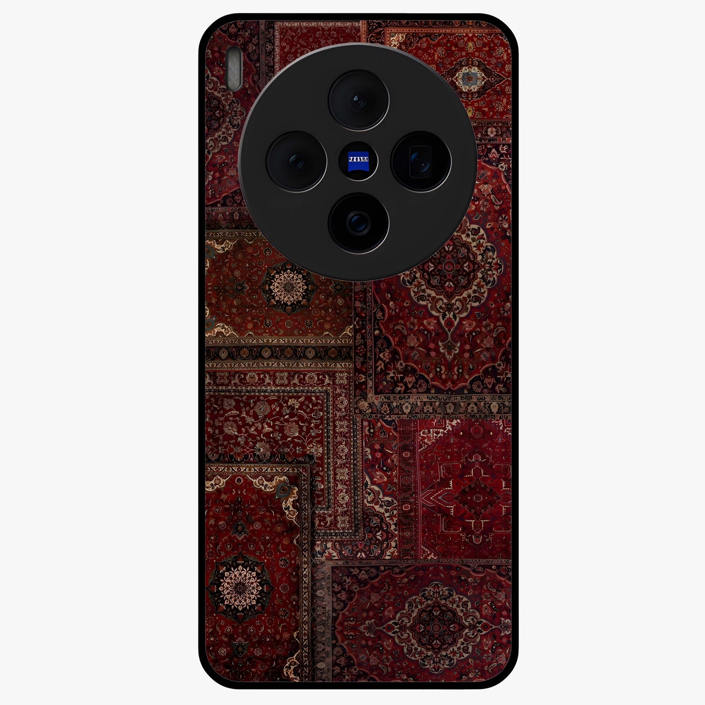 Persian Velvet Tale Glass Case showing flat back view with luxurious Persian velvet pattern artwork and glossy glass finish.