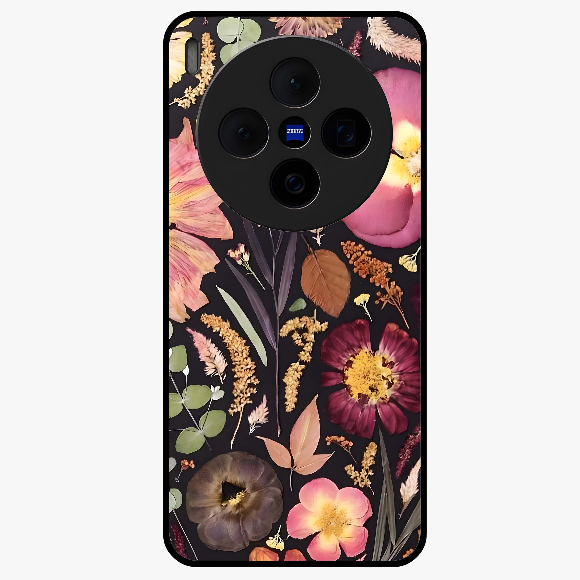 Petal Dream Tapestry Glass Case showing flat back view with intricate floral tapestry artwork and glossy glass finish.