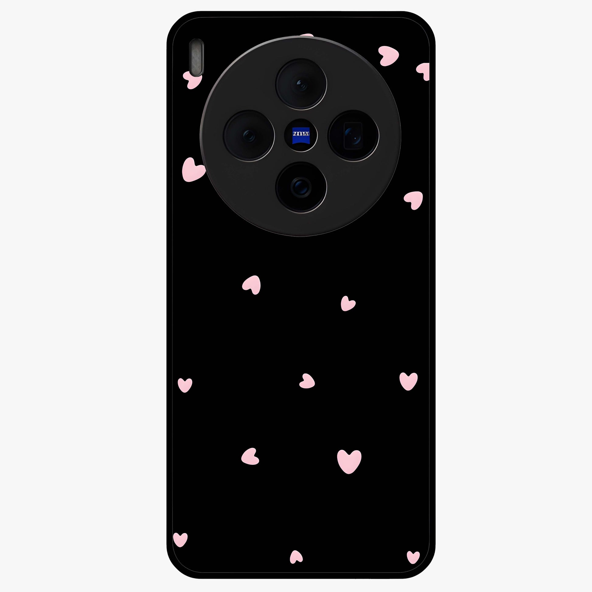 Pink Love Drops Glass Case showing flat back view with playful pink heart drops artwork and glossy glass finish.