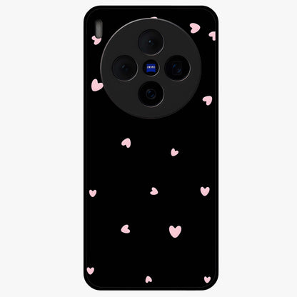 Pink Love Drops Glass Case showing flat back view with playful pink heart drops artwork and glossy glass finish.