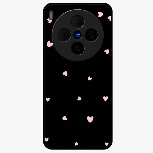 Pink Love Drops Glass Case showing flat back view with playful pink heart drops artwork and glossy glass finish.