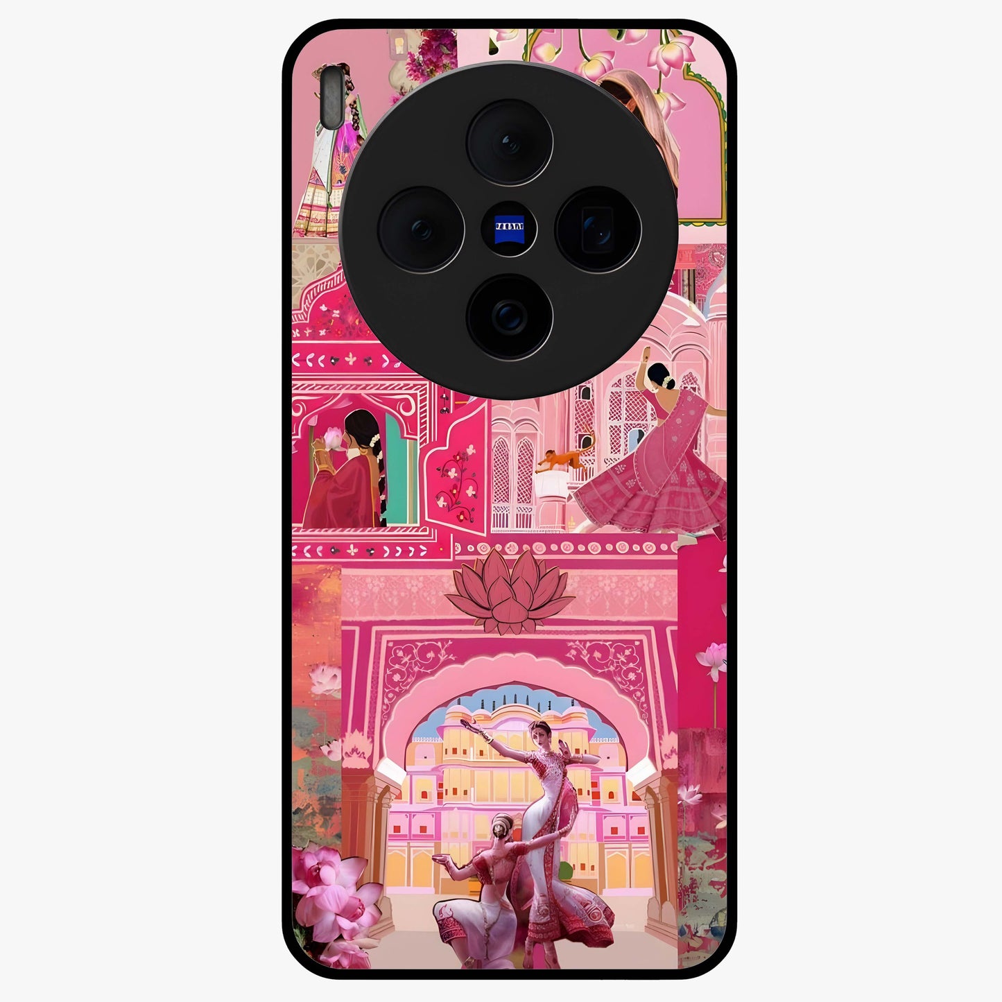 Pink Palace Muse Glass Case showing flat back view with elegant palace inspired artwork and glossy glass finish.