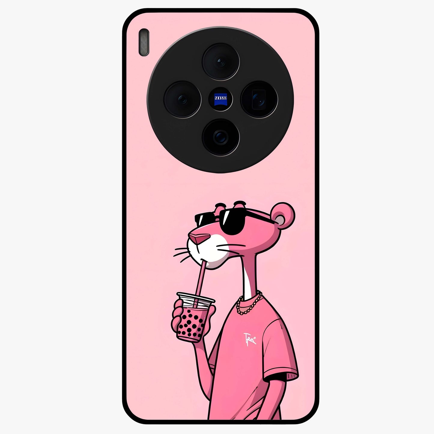 Pink Panther Glass Case showing flat back view with iconic pink panther artwork and glossy glass finish.