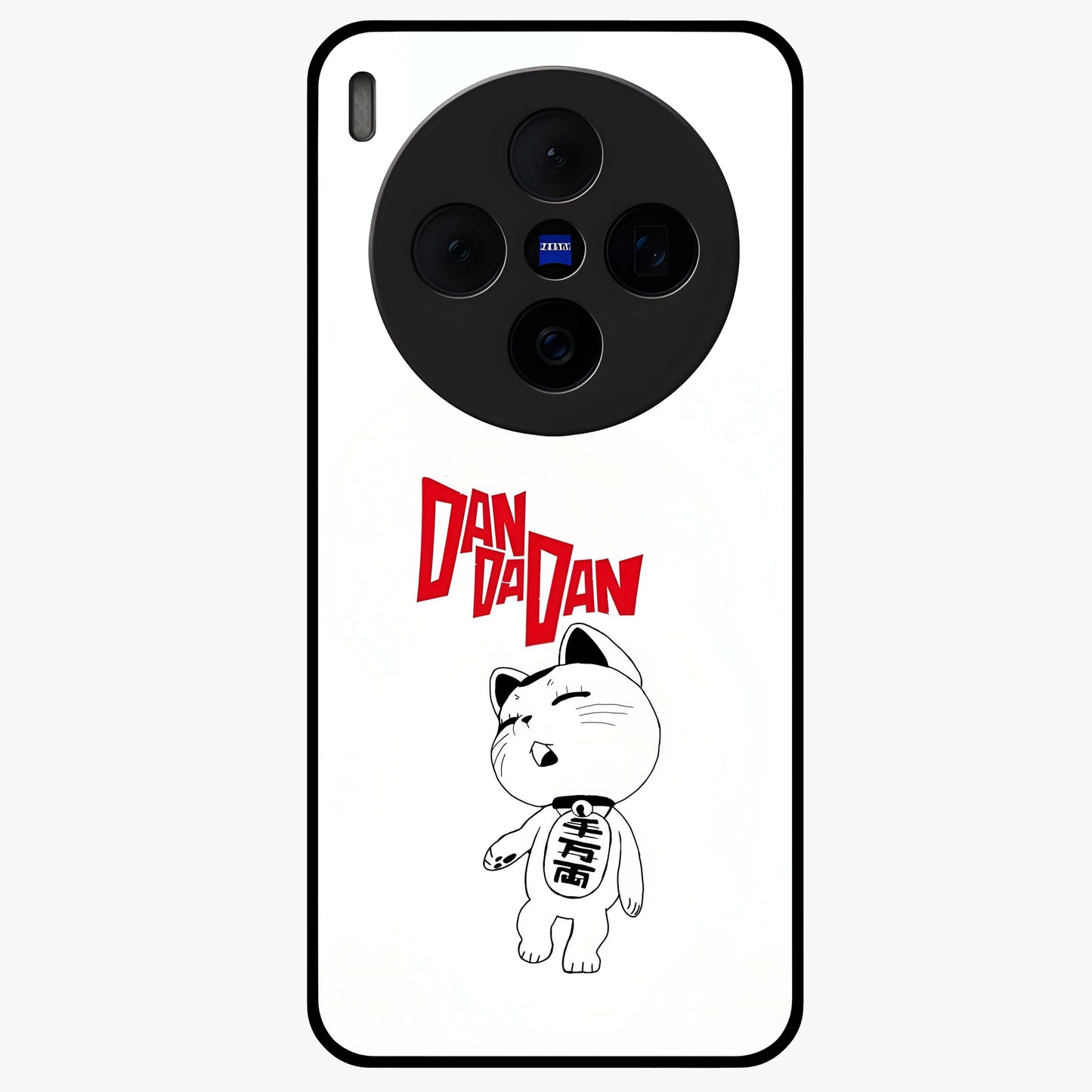Playful Spirit Charm Glass Case showing flat back view with cheerful charm themed artwork and glossy glass finish.