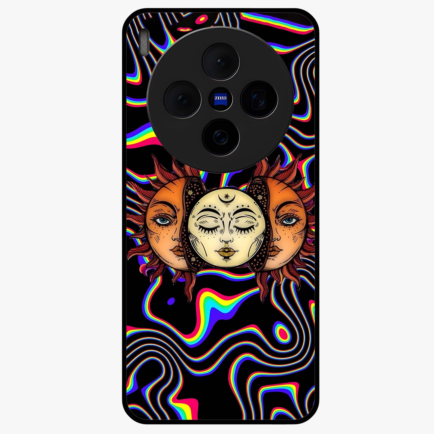 Psychedelic Sun Glass Case showing flat back view with colorful psychedelic sun artwork and glossy glass finish.