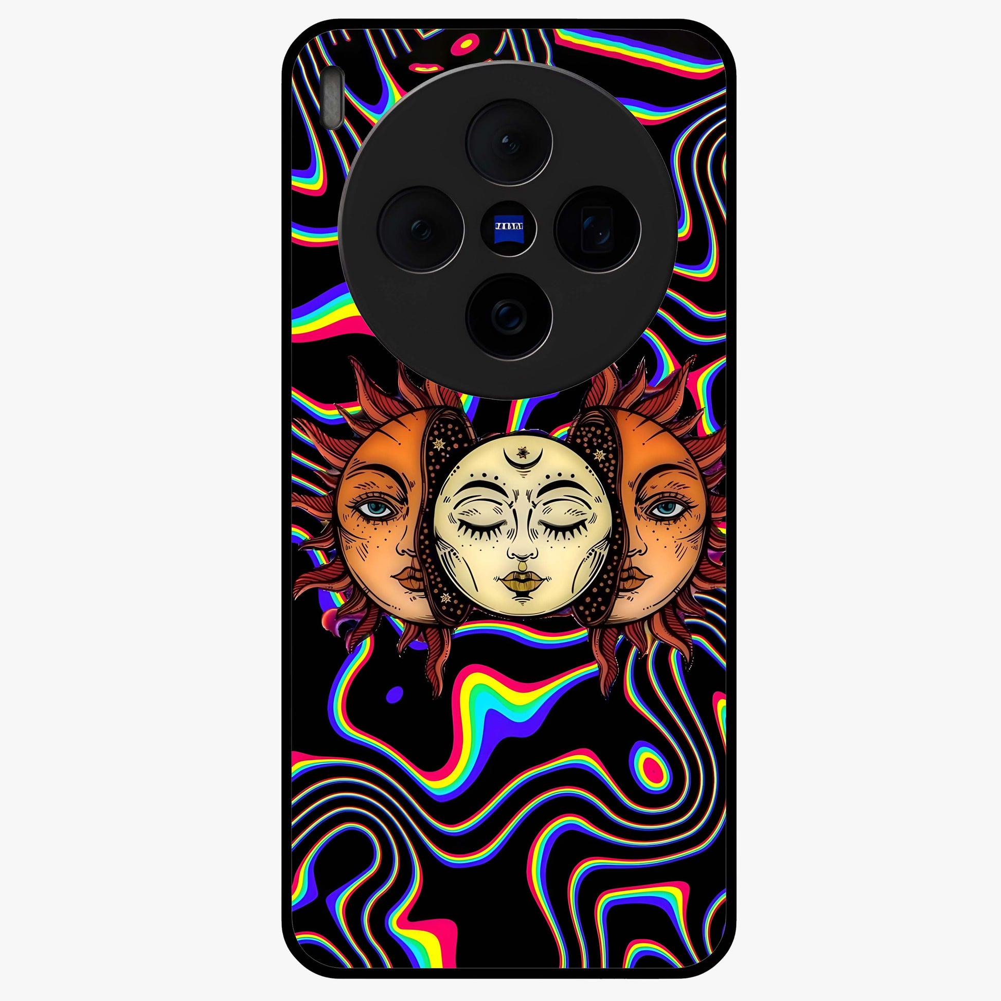 Psychedelic Sun Glass Case showing flat back view with colorful psychedelic sun artwork and glossy glass finish.